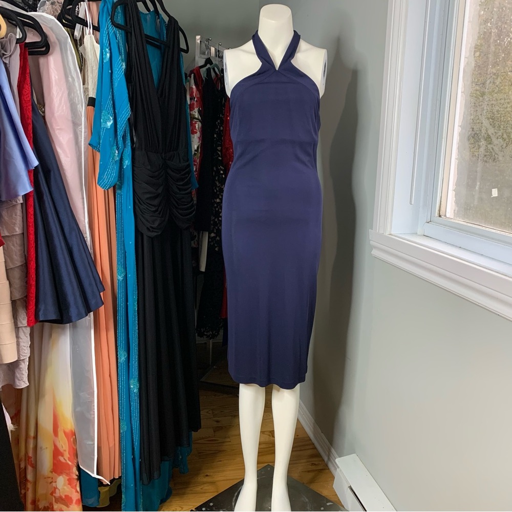 RALPH LAUREN Blue Halter Cocktail Dress Midi Stretchy Sz 8